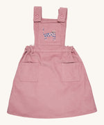 Pigeon Organics pinafore- GOTS organic cotton pinafore sleeves dress in pink corduroy. Features 2 small pockets at the front, button fasteners on the shoulders, an elasticated waist band and a pink cat embroidery on the chest.