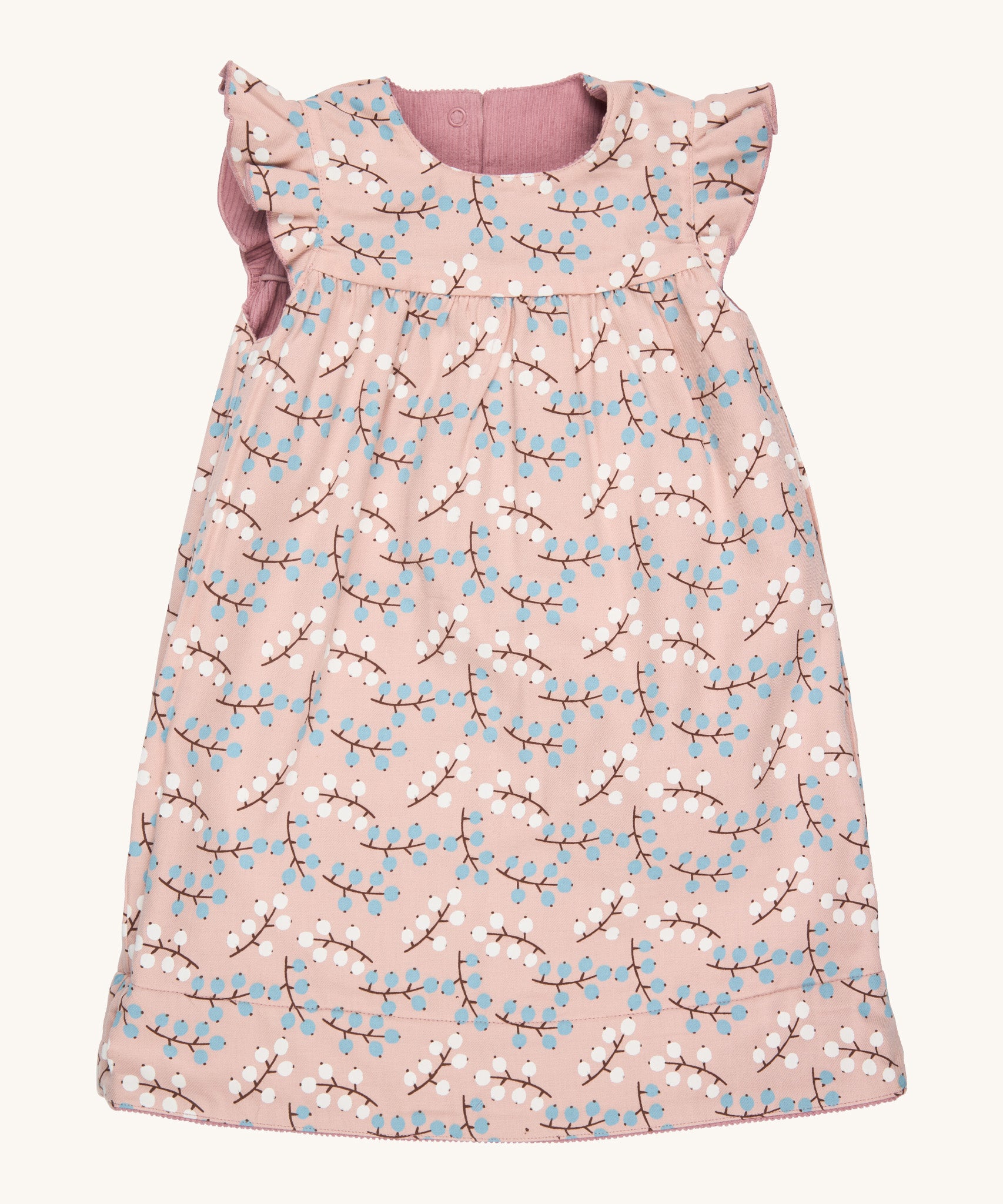 Pigeon Organics reversible Winter shift dress in pink - GOTS organic cotton sleeveless dress in Winter berry design and reversible pink corduroy design. Features a small pocket on the bottom of the dress and popper fasteners for easy fitting