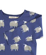 A close up of the navy sheep  Pigeon organics long sleeve top available at Babipur showing the popper fastener detail on the shoulder