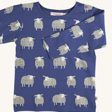 Pigeon Organics sheep t-shirt - GOTS organic cotton t-shirt with long sleeves in navy blue. Features multiple prints of a playful white sheep standing