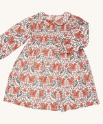 Pigeon Organics smock dress with Peter Pan collar - GOTS organic cotton long sleeves dress in neutral colour with a gentle elasticated wrist cuff for a snug fit. Features multiple prints of squirrels and leaves. 