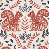 Close up of the Pigeon Organics squirrel and leaves design printed on organic neutral colour cotton fabric.