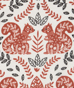 Close up of the Pigeon Organics squirrel and leaves design printed on organic neutral colour cotton fabric.