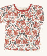 Pigeon Organics squirrel long sleeved top. A GOTS organic cotton t-shirt with long sleeves in a cream colour. Features a dark orange and black coloured print with squirrels and foliage.