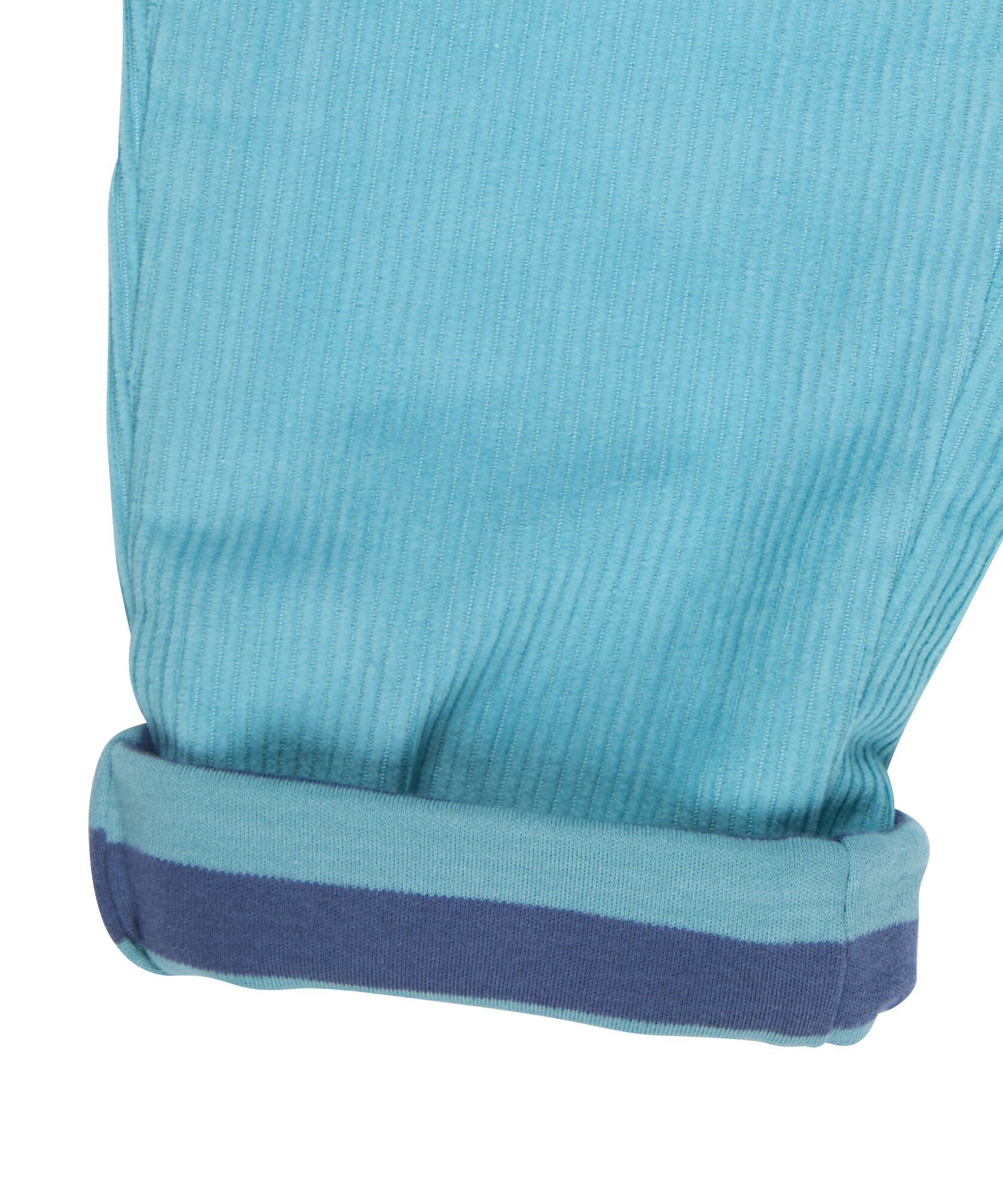 A close up of the Pigeon Organics lined cord trousers available at Babipur showing the blue striped design on the inner liner 