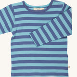 Pigeon Organics velvet blue and turquoise Breton stripe t-shirt - GOTS organic cotton t-shirt with long sleeves and shoulder popper fasteners. Features a blue striped design