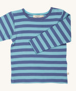 Pigeon Organics velvet blue and turquoise Breton stripe t-shirt - GOTS organic cotton t-shirt with long sleeves and shoulder popper fasteners. Features a blue striped design