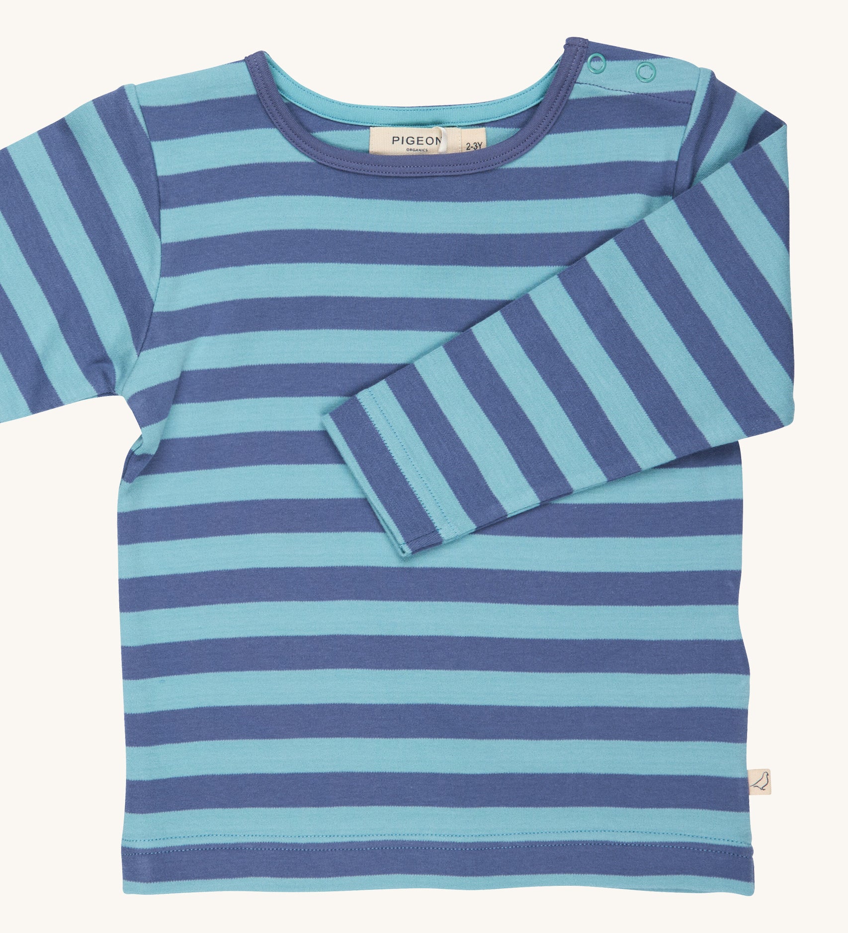 Pigeon Organics velvet blue and turquoise Breton stripe t-shirt - GOTS organic cotton t-shirt with long sleeves and shoulder popper fasteners. Features a blue striped design