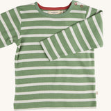 Pigeon Organics green Breton stripe t-shirt - GOTS organic cotton t-shirt with long sleeves and shoulder popper fasteners. Features a green and white stripe design