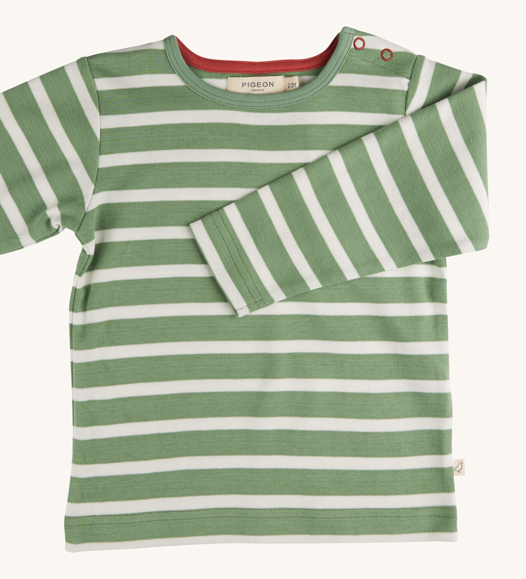 Pigeon Organics green Breton stripe t-shirt - GOTS organic cotton t-shirt with long sleeves and shoulder popper fasteners. Features a green and white stripe design