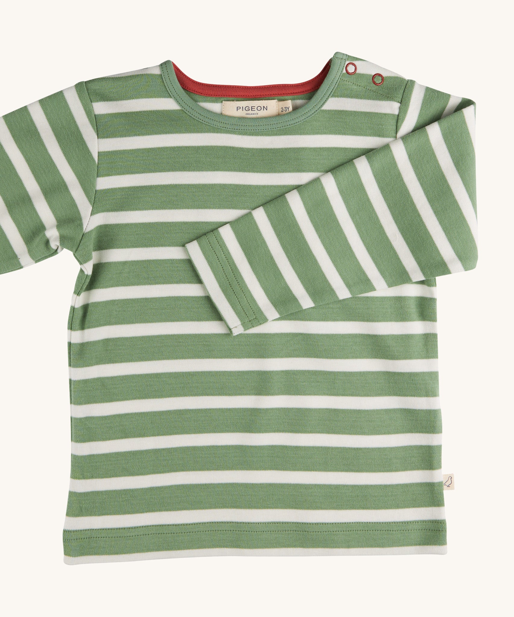 Pigeon Organics green Breton stripe t-shirt - GOTS organic cotton t-shirt with long sleeves and shoulder popper fasteners. Features a green and white stripe design
