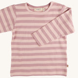 Pigeon Organics pink Breton stripe t-shirt - GOTS organic cotton t-shirt with long sleeves and shoulder popper fasteners. Features a pink striped design