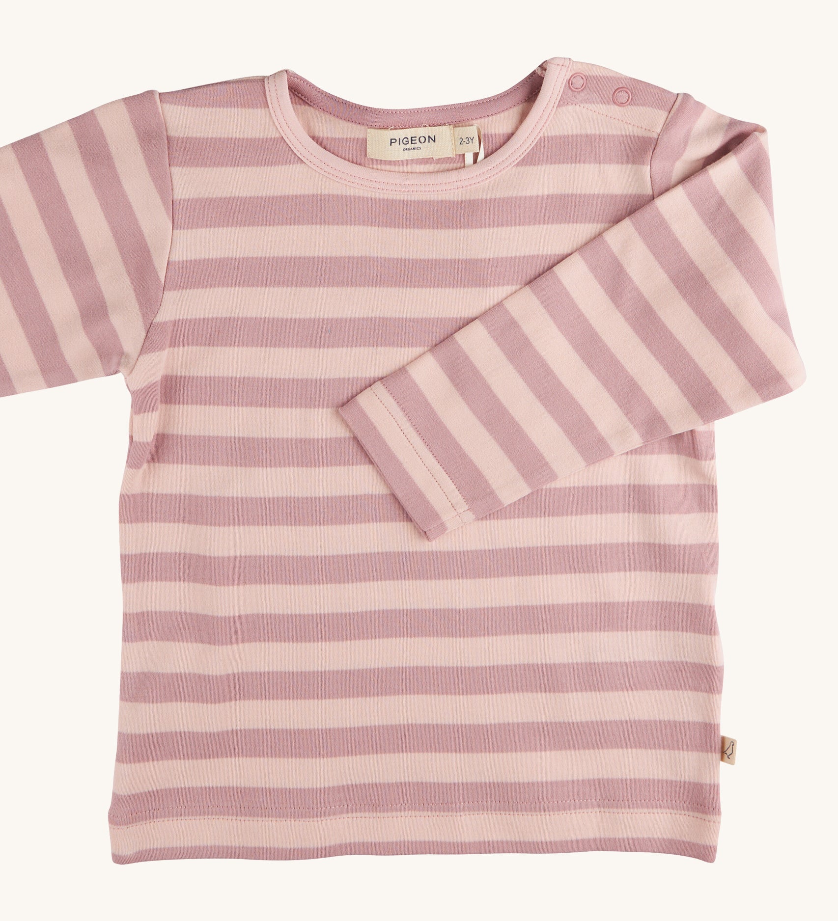 Pigeon Organics pink Breton stripe t-shirt - GOTS organic cotton t-shirt with long sleeves and shoulder popper fasteners. Features a pink striped design