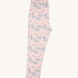Pigeon Organics leggings - GOTS organic cotton leggings in light pink. Features multiple prints of light blue and white berries on a brown twig