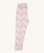 Pigeon Organics leggings - GOTS organic cotton leggings in light pink. Features multiple prints of light blue and white berries on a brown twig