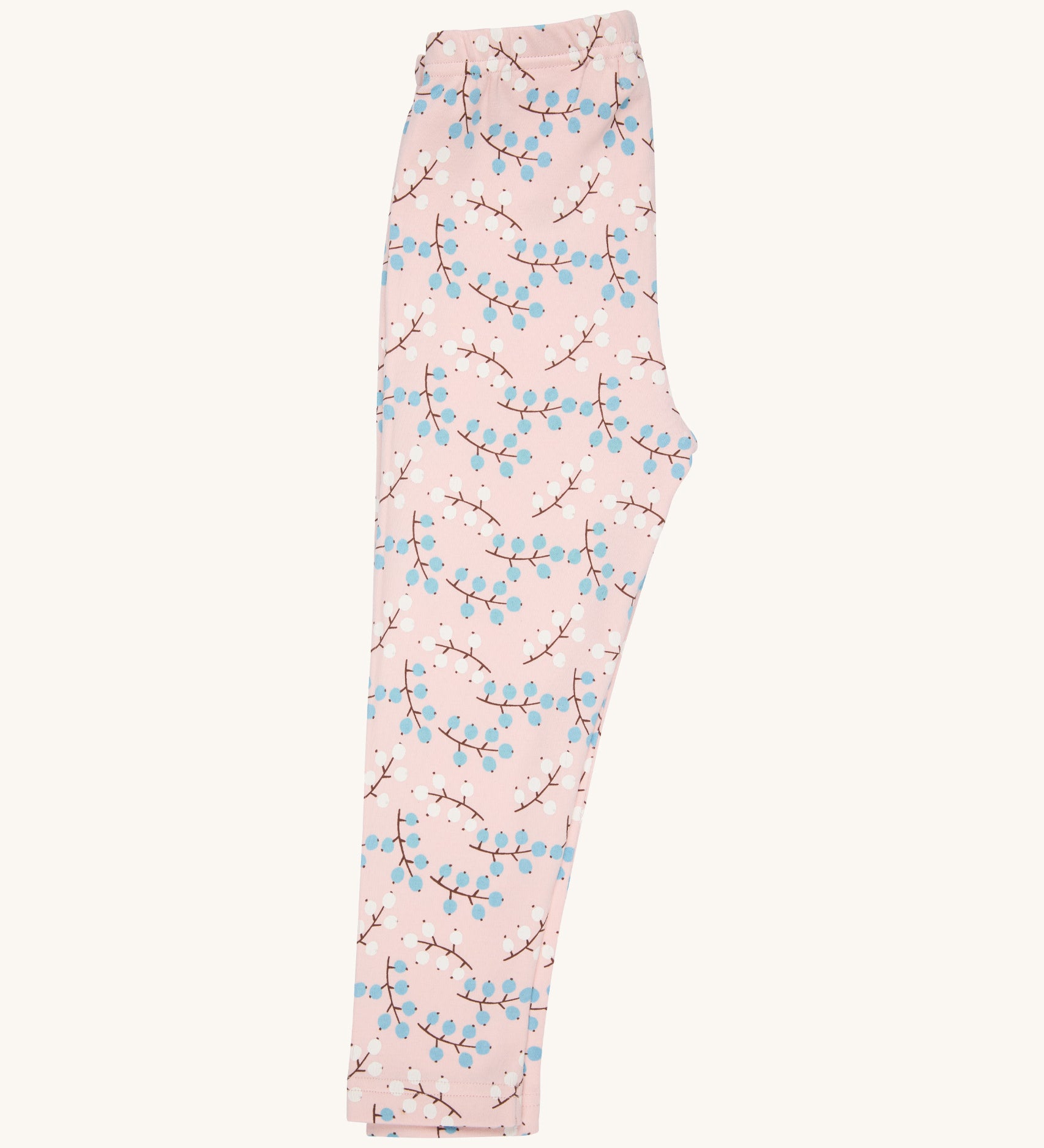 Pigeon Organics leggings - GOTS organic cotton leggings in light pink. Features multiple prints of light blue and white berries on a brown twig