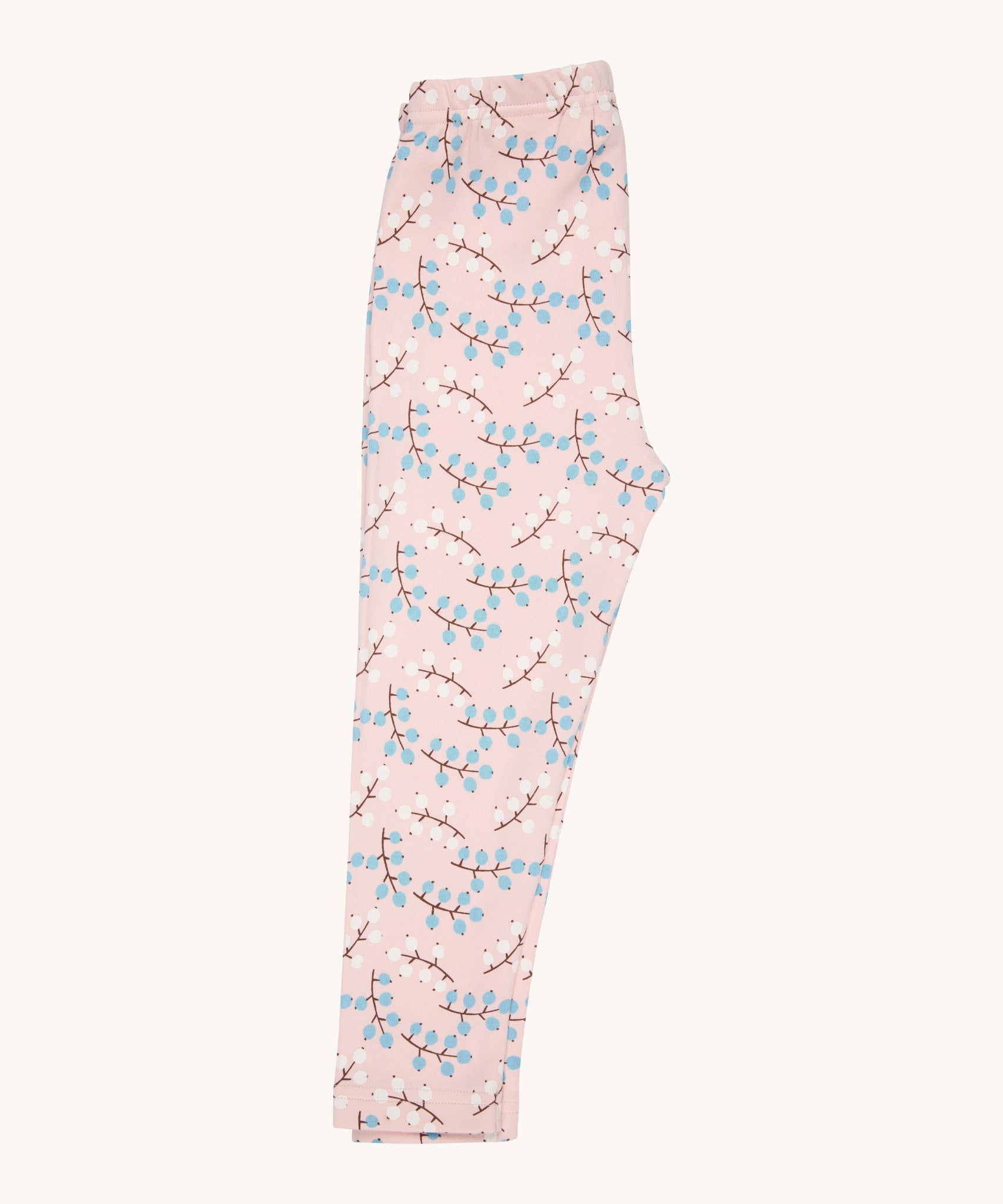 Pigeon Organics leggings - GOTS organic cotton leggings in light pink. Features multiple prints of light blue and white berries on a brown twig