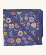 Pigeon Organics hooded blanket. A 100% GOTS organic cotton navy hooded blanket with multicoloured artistic flowers printed all over