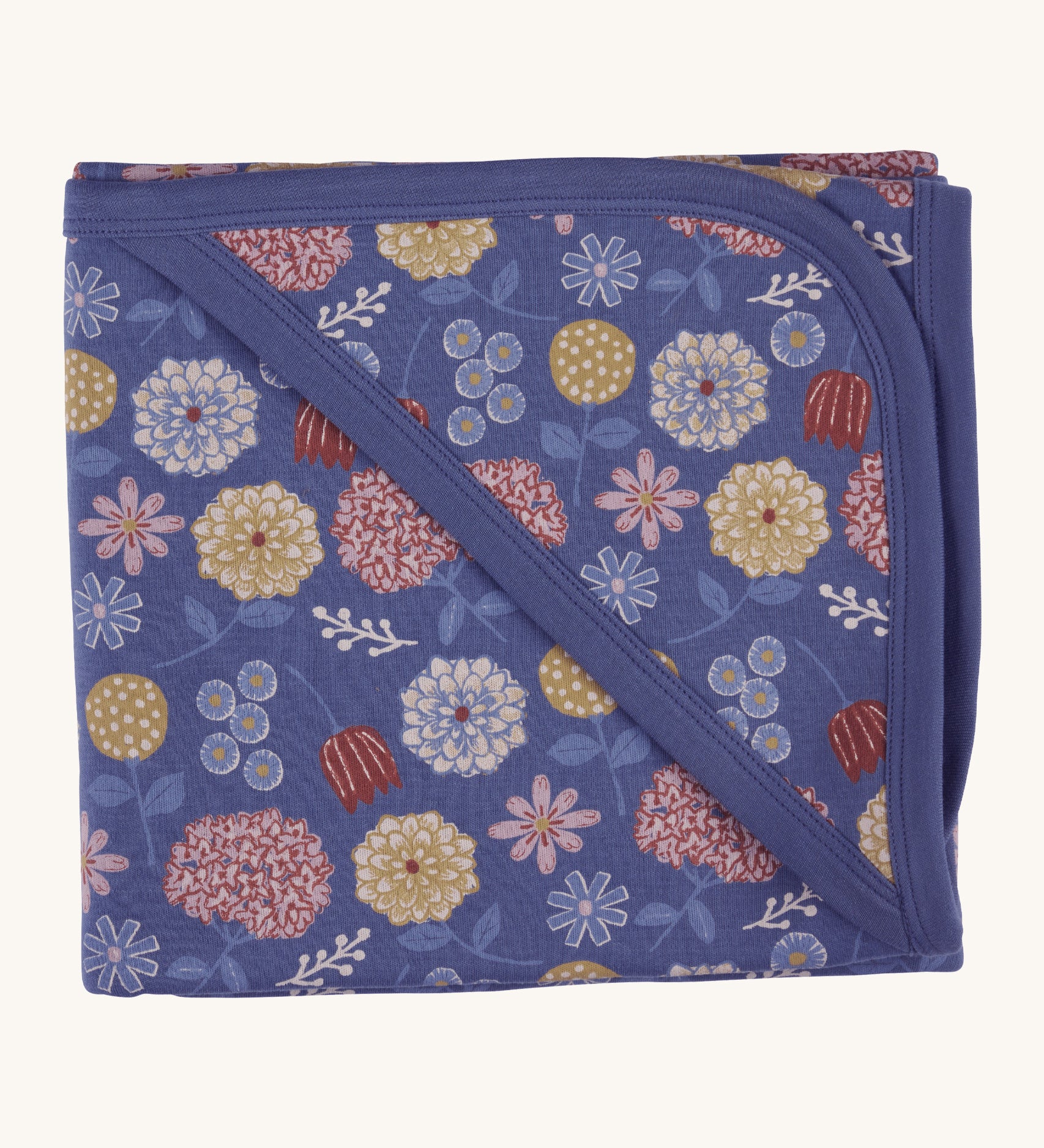 Pigeon Organics hooded blanket. A 100% GOTS organic cotton navy hooded blanket with multicoloured artistic flowers printed all over