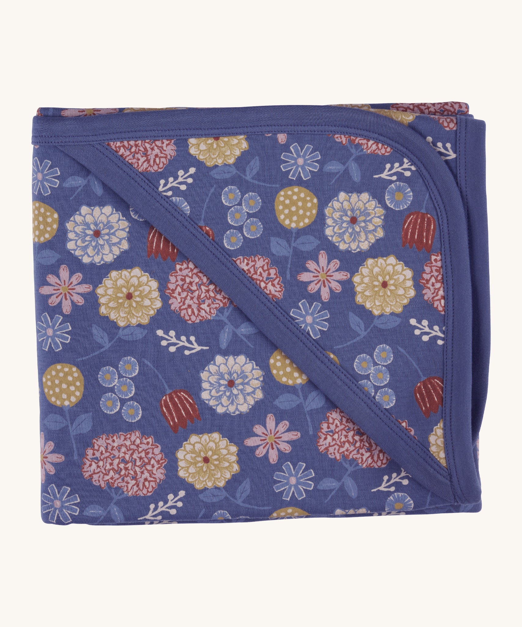 Pigeon Organics hooded blanket. A 100% GOTS organic cotton navy hooded blanket with multicoloured artistic flowers printed all over