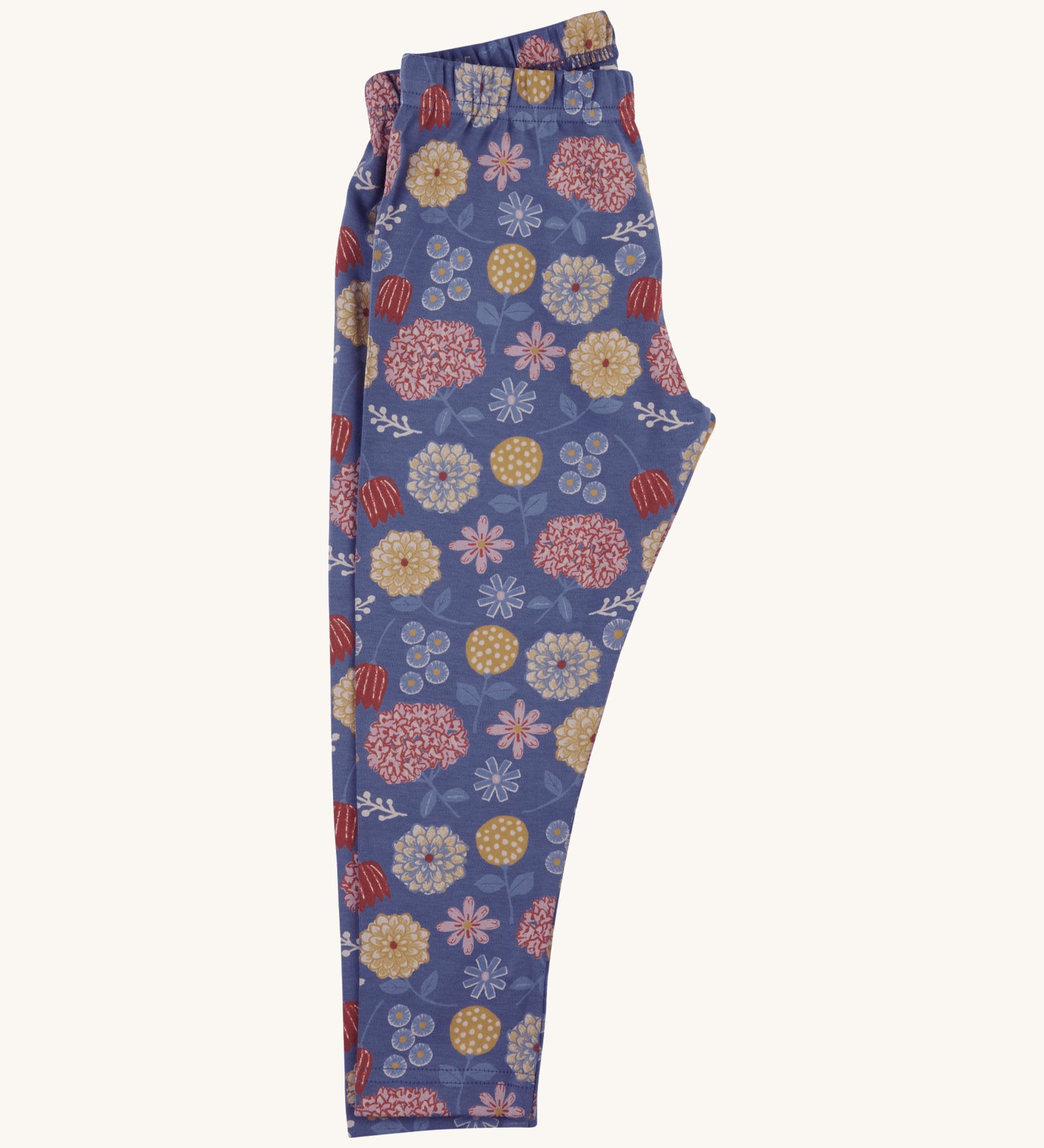 Pigeon Organics leggings - GOTS organic cotton leggings in navy blue. Features multiple prints of multicoloured artistic prints of flowers and leaves.
