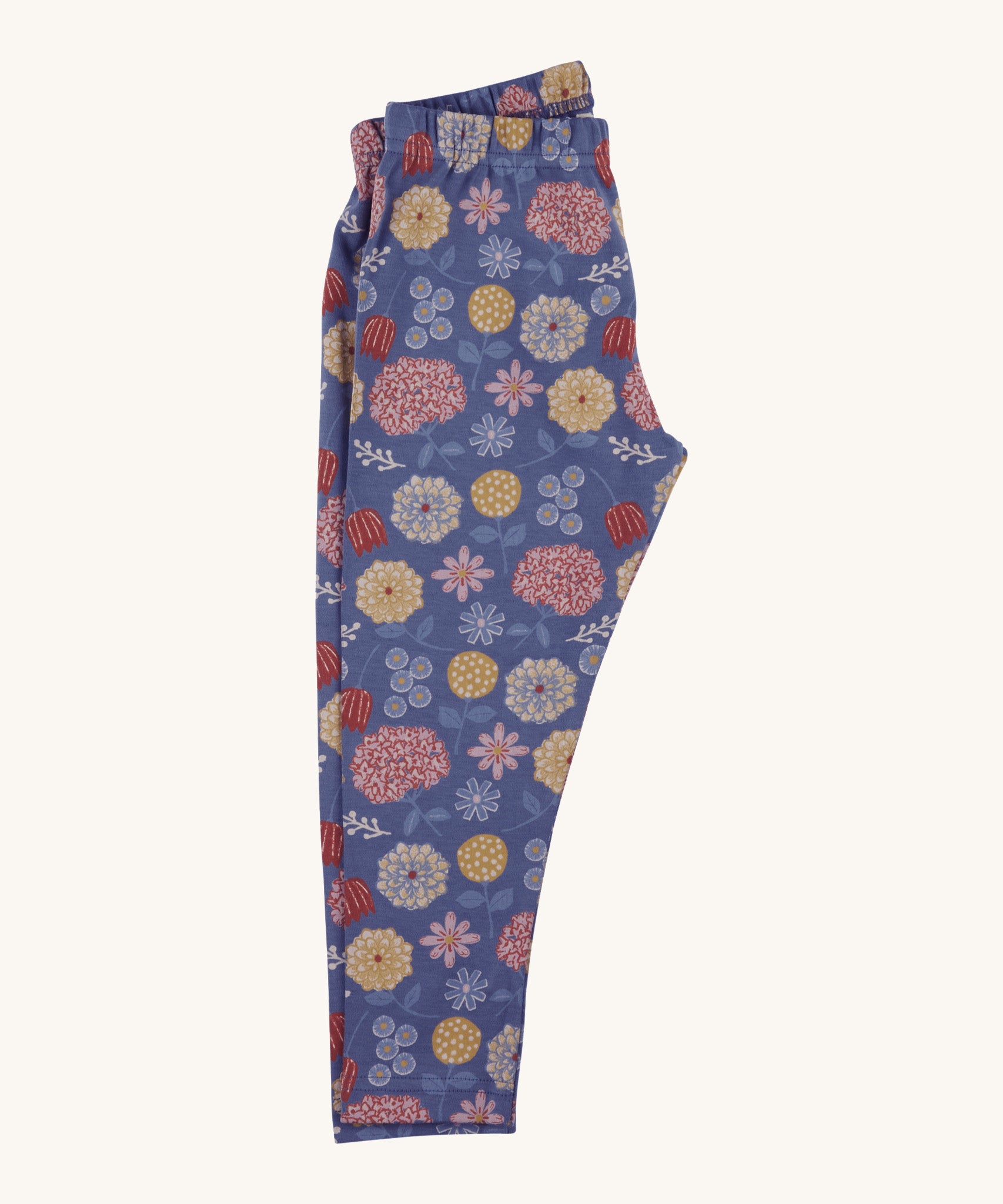 Pigeon Organics leggings - GOTS organic cotton leggings in navy blue. Features multiple prints of multicoloured artistic prints of flowers and leaves.