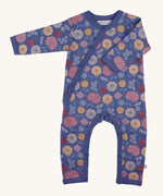 Pigeon Organics kimono romper. A 100% GOTS organic cotton in navy blue with long sleeves and popper fasteners at the front and between the legs. Features a print of multicoloured artistic flowers all over the garment. 