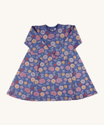 Pigeon Organics pinafore dress - GOTS organic cotton navy long sleeved dress with a popper fastener on the back for easy fitting. Features multiple prints of multicolour artistic flowers and leaves 
