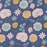 A close up of the navy winter shift print detail on the Pigeon organics navy winter shift dress showing available at Babipur