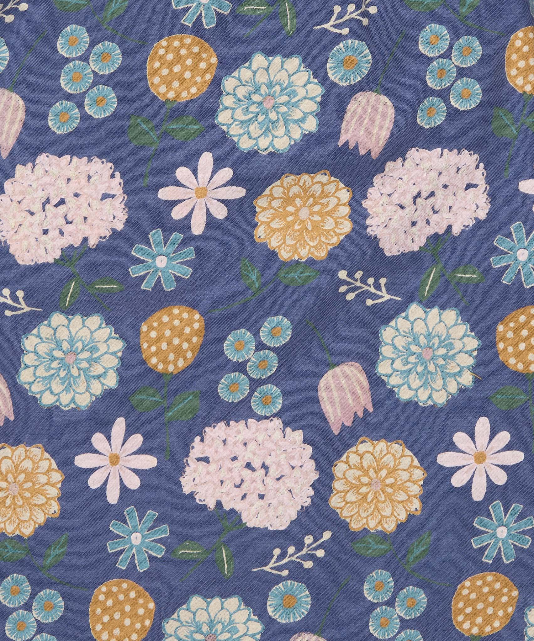 A close up of the navy winter shift print detail on the Pigeon organics navy winter shift dress showing available at Babipur