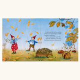 Two inside pages from the Pippa and Pelle In The Autumn Wind children's book written and illustrated by Daniela Drescher.