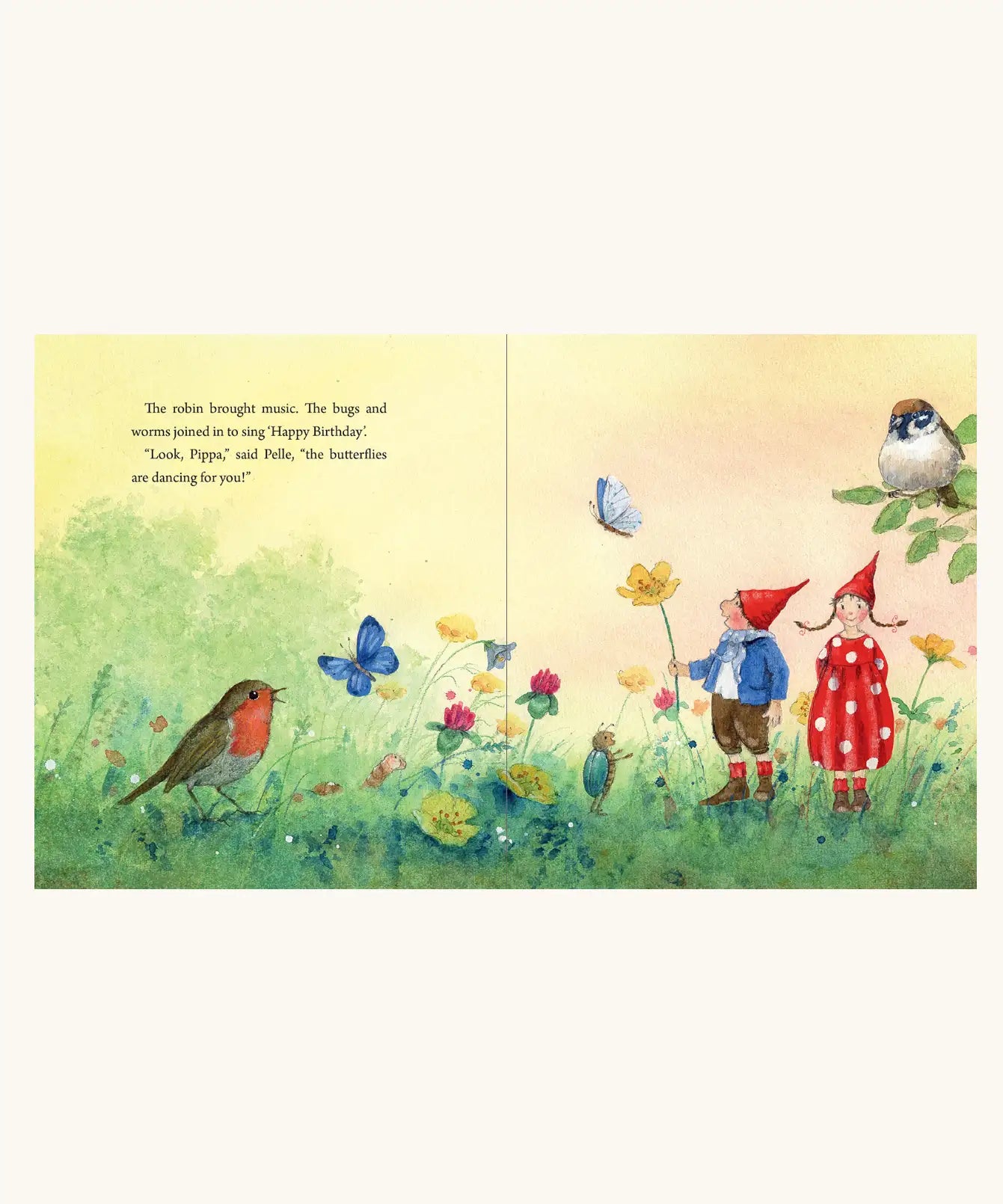 Two inside pages from Pippa and Pelle And The Birthday Gifts children's book written and illustrated by Daniela Drescher.