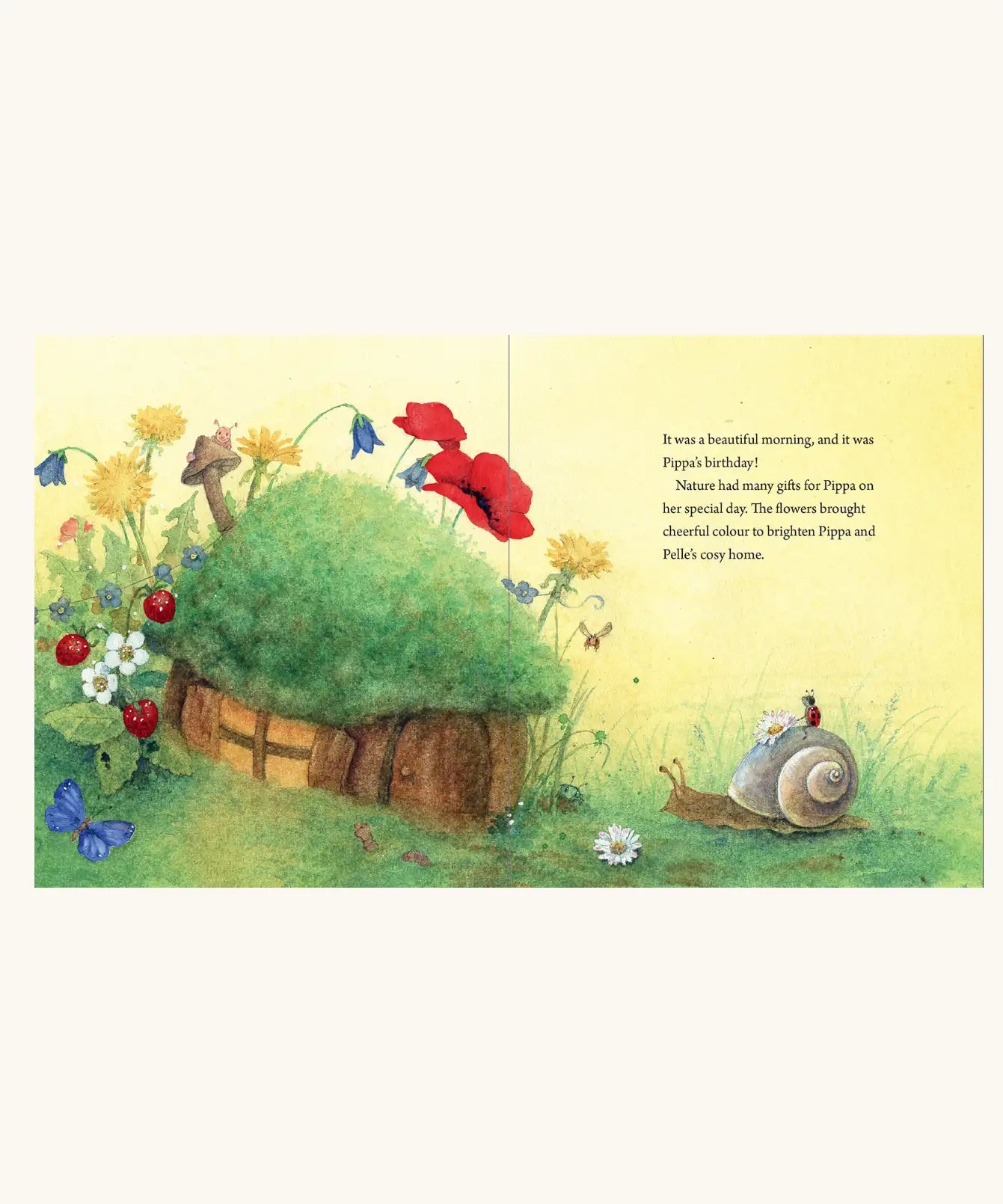 Two inside pages from Pippa and Pelle And The Birthday Gifts children's book written and illustrated by Daniela Drescher.