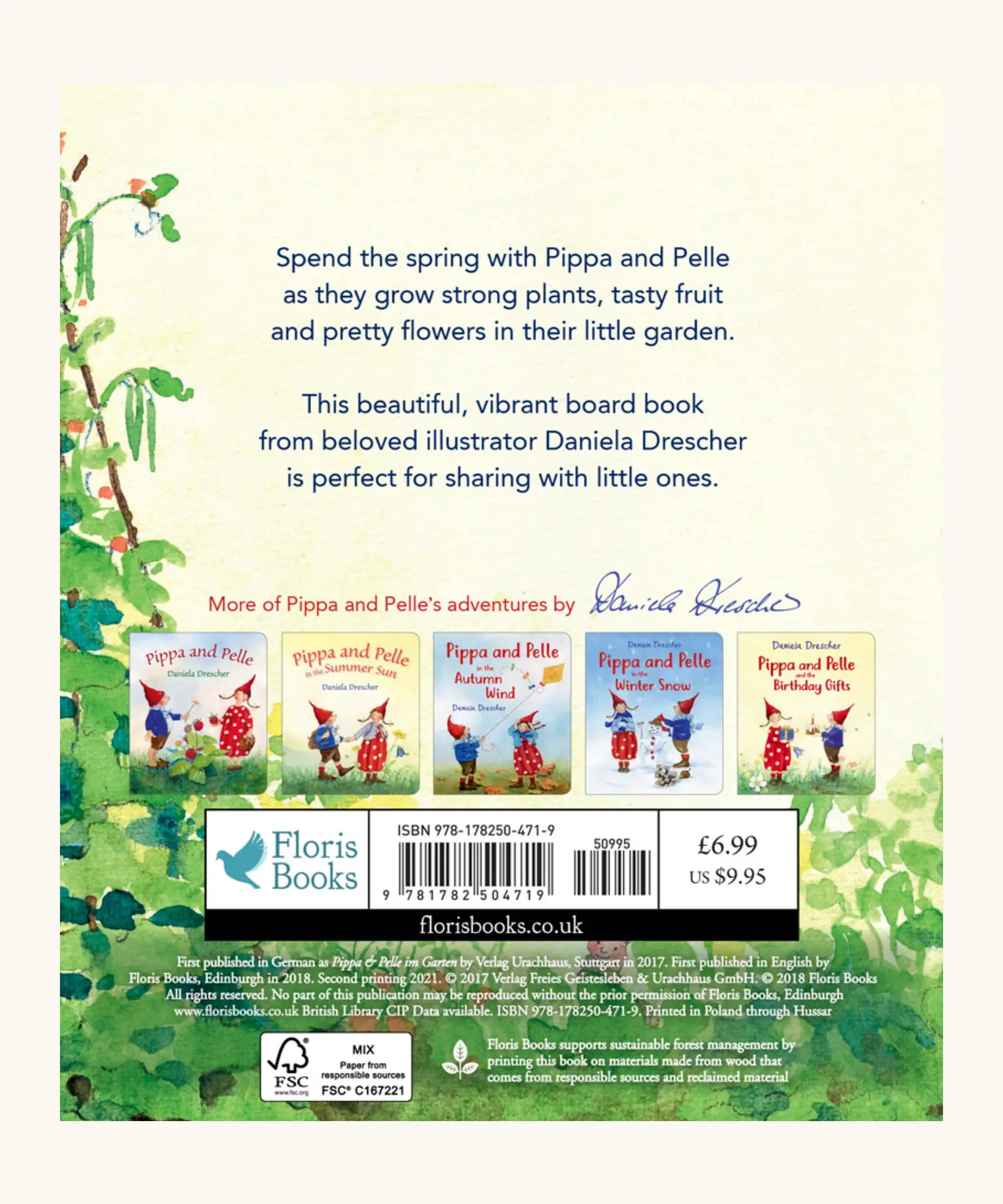 Back of Pippa and Pelle In The Spring Garden children's book written and illustrated by Daniela Drescher. 