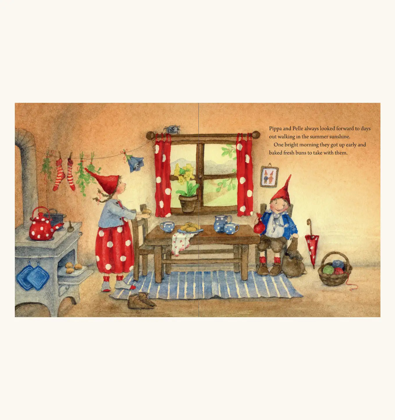 Illustration of two gnomes in a kitchen with red curtains and a window.