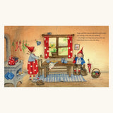 Illustration of two gnomes in a kitchen with red curtains and a window.