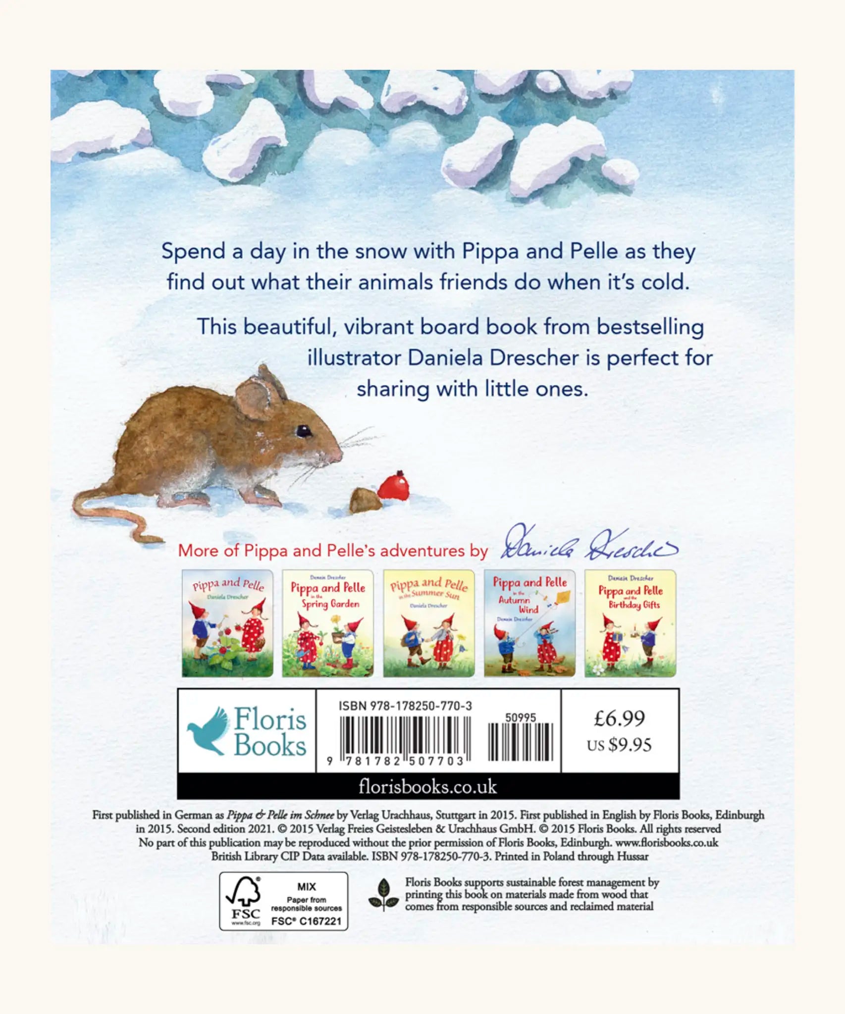 Back of Pippa and Pelle in the Winter snow children's book written and illustrated by Daniela Drescher.