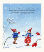 Page from Pippa and Pelle in the Winter snow children's book  by Daniela Drescher showing illustration of 2 children in snow