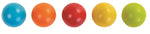 The 5 wooden balls from the The PlanToys Ball Shoot Board Game on a plain background.