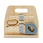 Back of the Plan Toys wooden carpenter tools play set on a white background