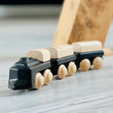 PlanToys black wooden classic toy train. Three carriages with magnetic connectors. 
