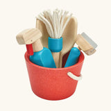 PlanToys cleaning set. Includes a red bucket and different cleaning tools