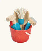 PlanToys cleaning set. Includes a red bucket and different cleaning tools