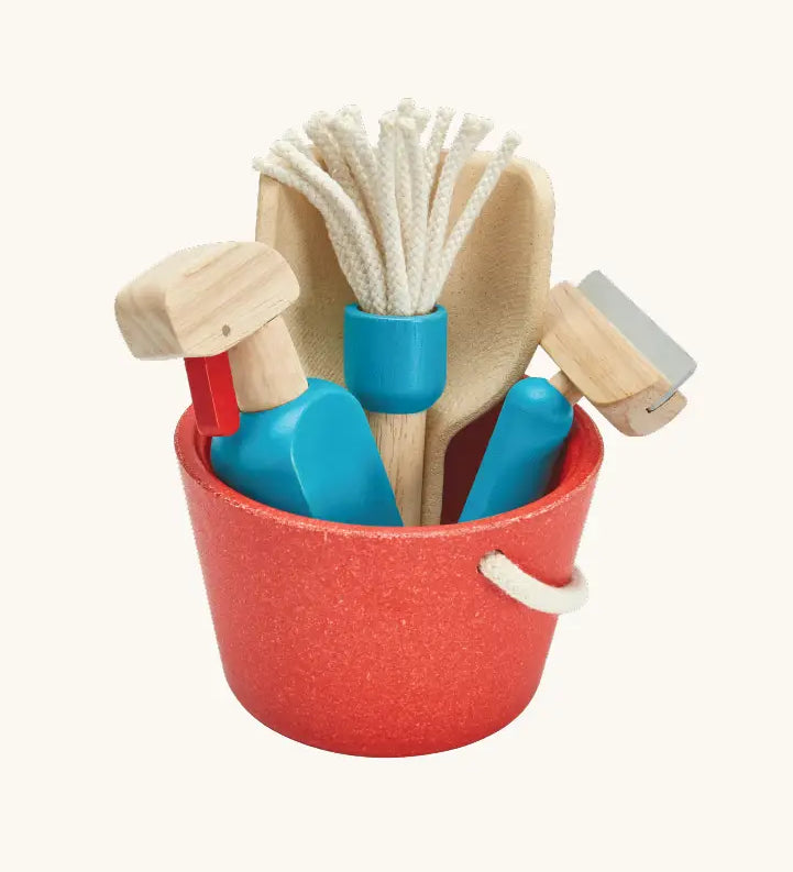 PlanToys cleaning set. Includes a red bucket and different cleaning tools