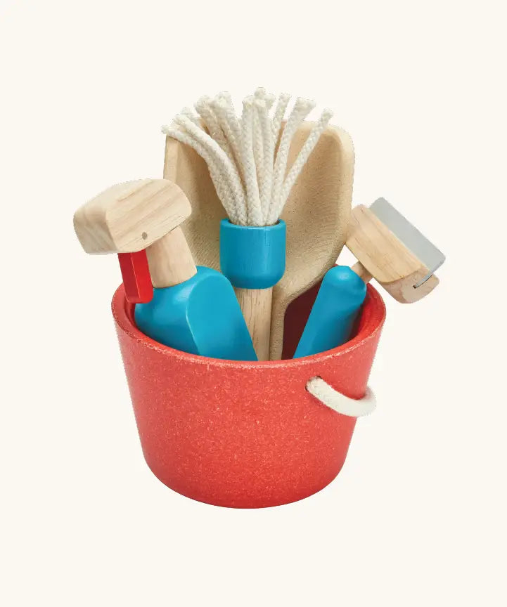 PlanToys cleaning set. Includes a red bucket and different cleaning tools