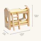 A close up of the bunk bed from the PlanToys Classic Children's Bedroom dolls house furniture set showing the dimensions of the bed