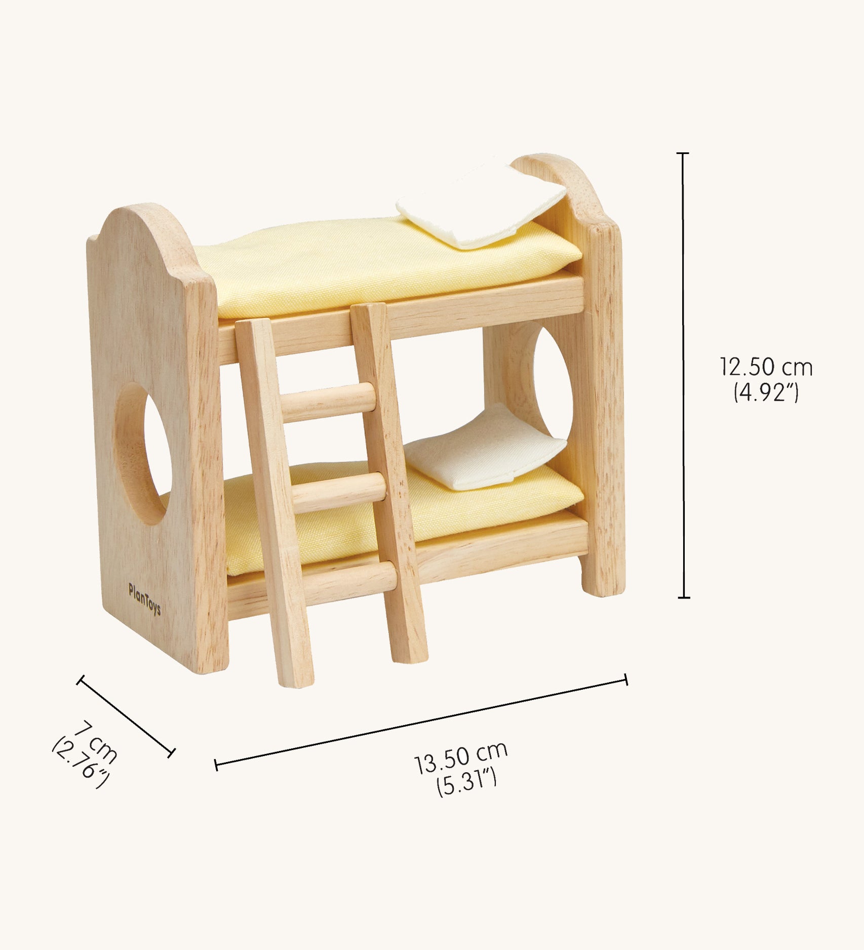 A close up of the bunk bed from the PlanToys Classic Children's Bedroom dolls house furniture set showing the dimensions of the bed