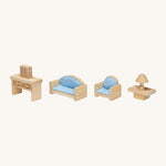 Different Plan Toys doll house furniture pieces lined up. Showing the sofa for two, two armchairs, coffee table, lamp, television and console table. 