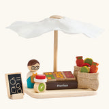 PlanToys Farmer's Market wooden toy playset. Market stall with produce , scales, advert board, mini jute bags and worker.