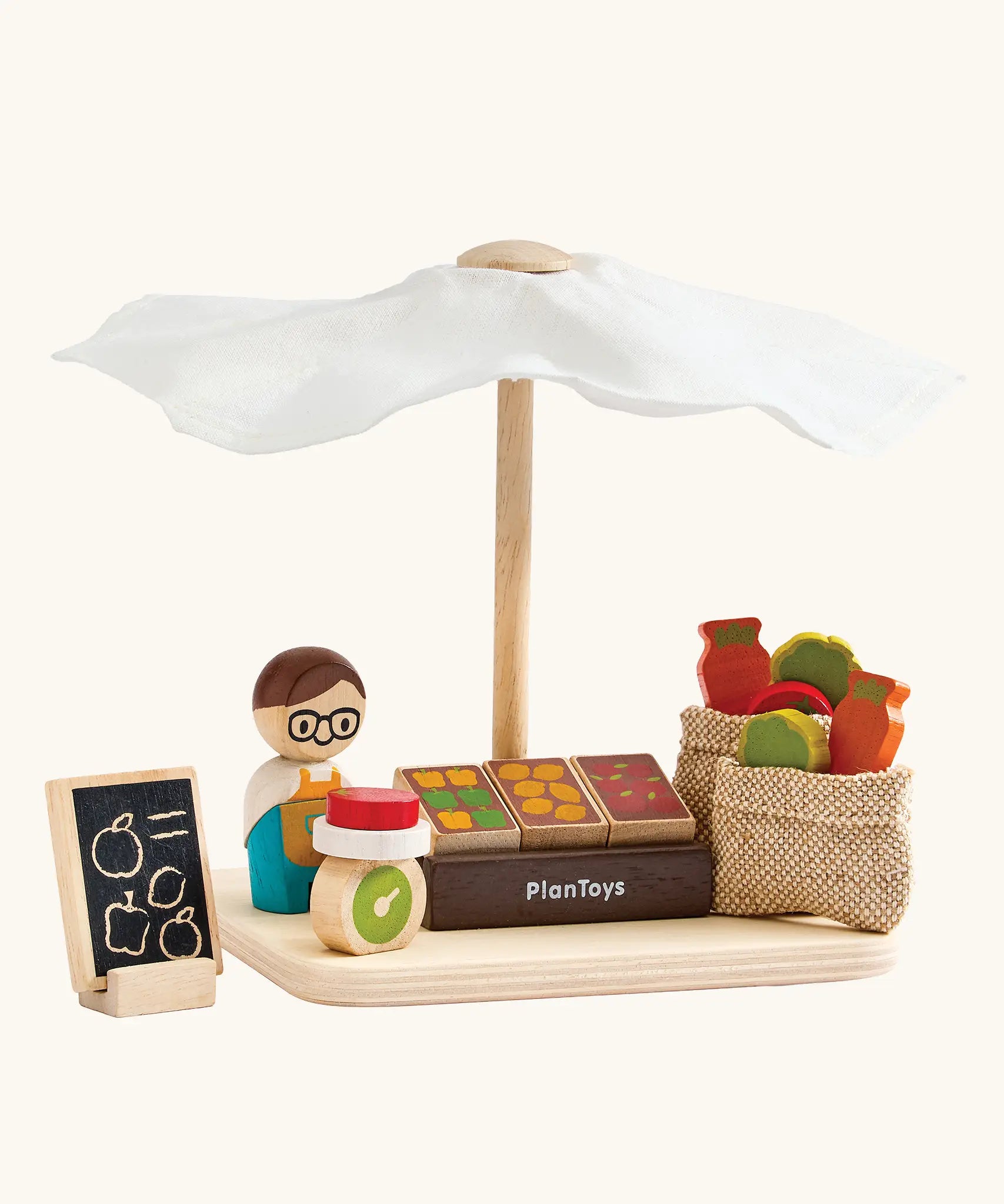 PlanToys Farmer's Market wooden toy playset. Market stall with produce , scales, advert board, mini jute bags and worker.